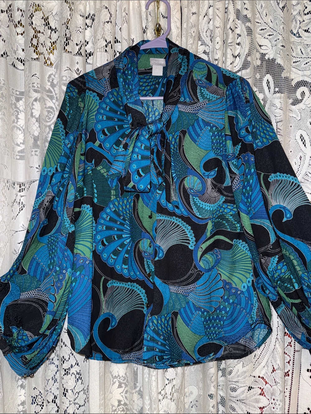 Chico's peacocks tie neck blouse